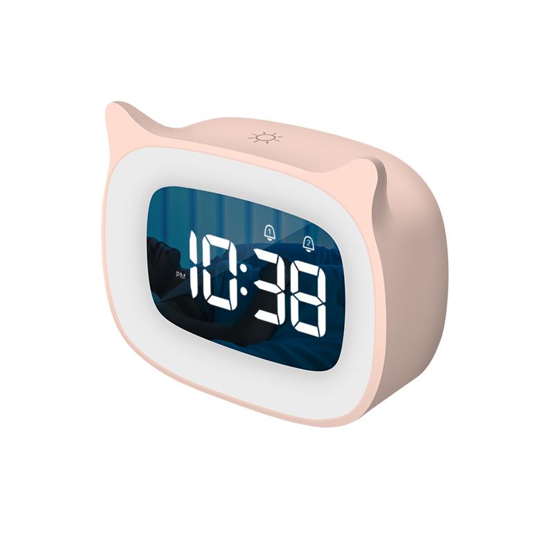 Kids LED Alarm Clock Night Light Stepless Dimming Cute Cat Ear Digital Clock Bedroom Bedside Electronic Desktop Clock Music Wake Up Children