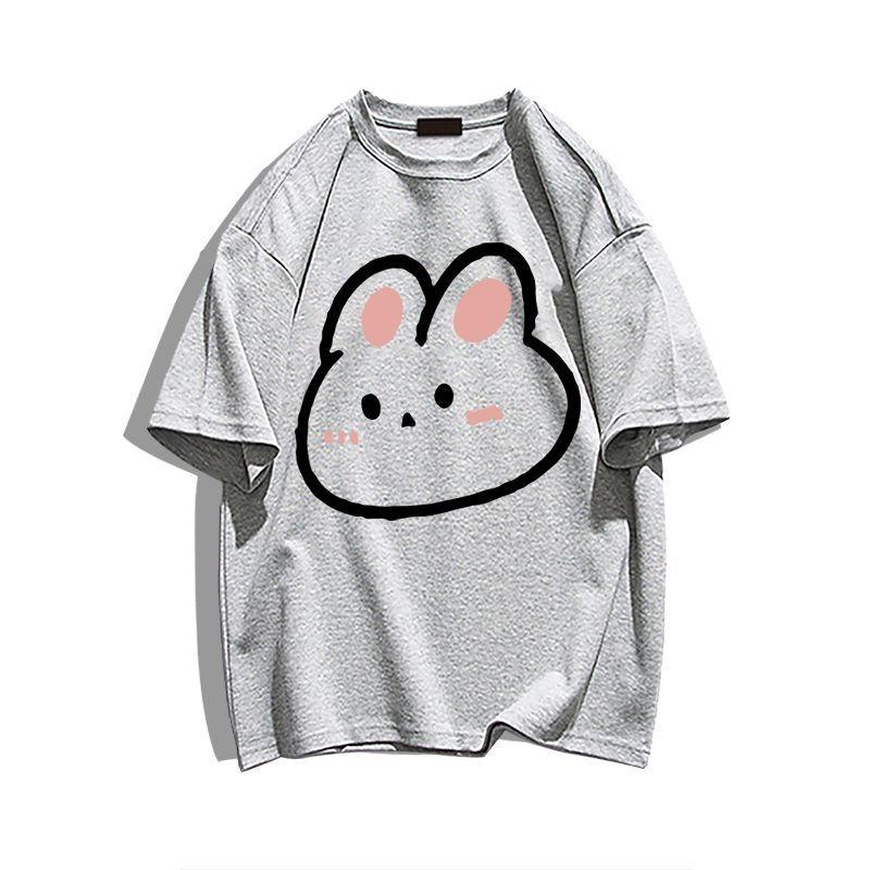 Cotton Cartoon Rabbit Print Short Sleeve T Shirt Loose Fit Unisex Summer