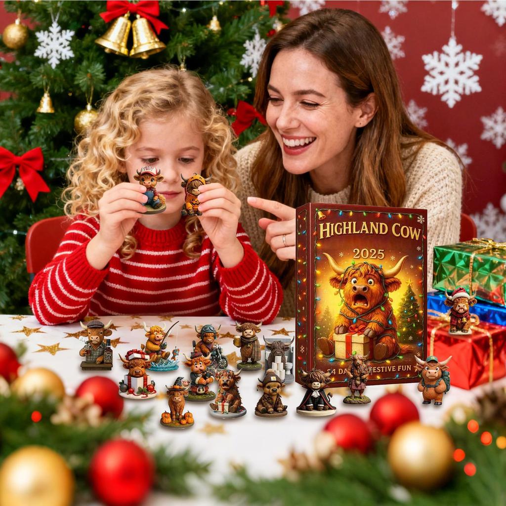 Christmas 3D Highland Cow Pendant Advent Calendar 24Pcs Christmas Highland Cow Figures Ornament Countdown Xmas Tree Decor Gifts
