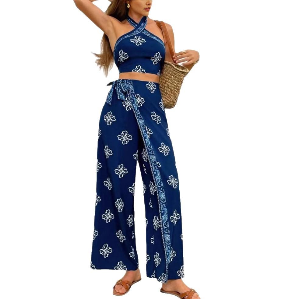 1116 European and American hot-selling neck slim-fit top high-waisted straight trousers set
