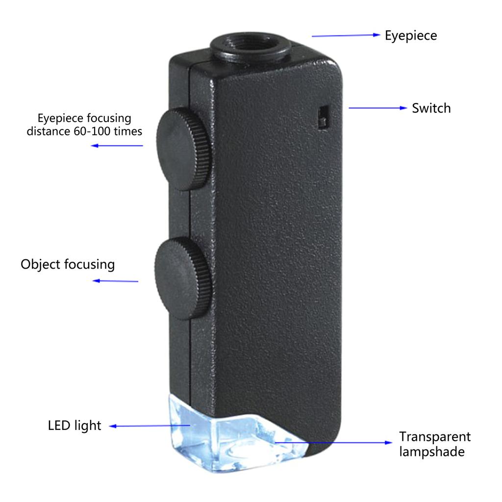 60x-100x LED Lighted Pocket Microscope Handheld Pocket Microscope Battery Powered Science Microscope