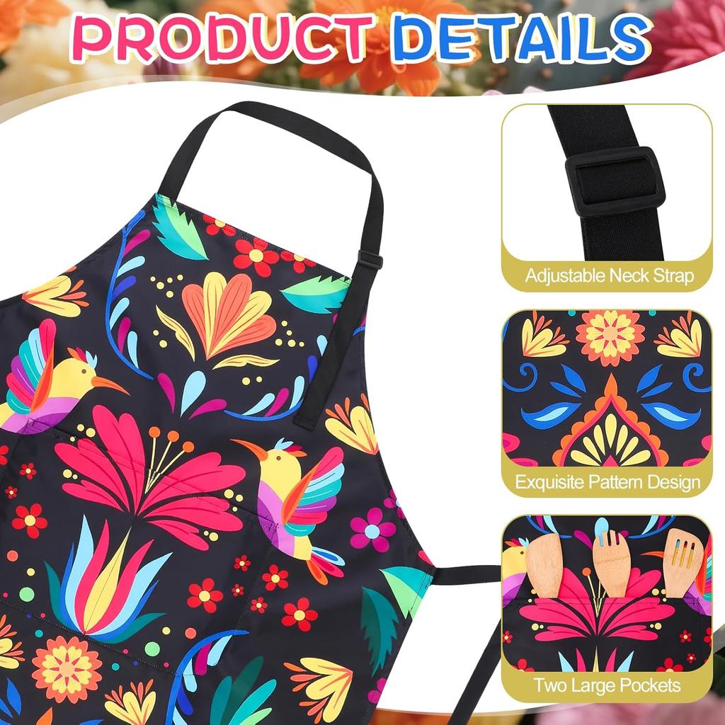 Mexican Apron for Women, Colorful Mexican Background with Flowers and Birds Apron, Waterproof Kitchen Cooking Apron with Pockets Adjustable for