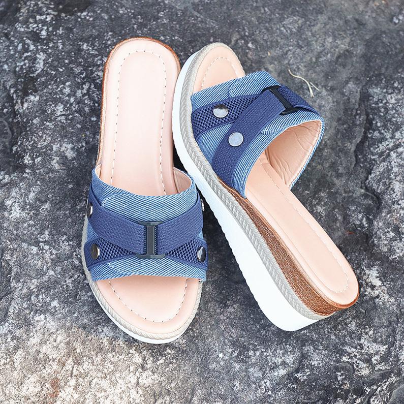 Модные женские тапочки 2025 Лето Новая мода Элегантная тканевая обувь для женщин Тапочки на платформе с танкеткой и открытым носком Женские Zapatos De Mujer