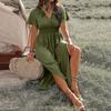 Women's Summer Fashion Sexy Comfortable Wrap Waist Maxi Dress V Neck Side Slit Casual Dress A-Line Long Short Sleeve Solid Color Dress