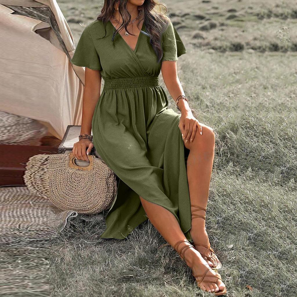 Women's Summer Fashion Sexy Comfortable Wrap Waist Maxi Dress V Neck Side Slit Casual Dress A-Line Long Short Sleeve Solid Color Dress