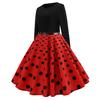 Women Vintage Long Sleeve O Neck Evening Dot Printing Party Prom Swing Dress