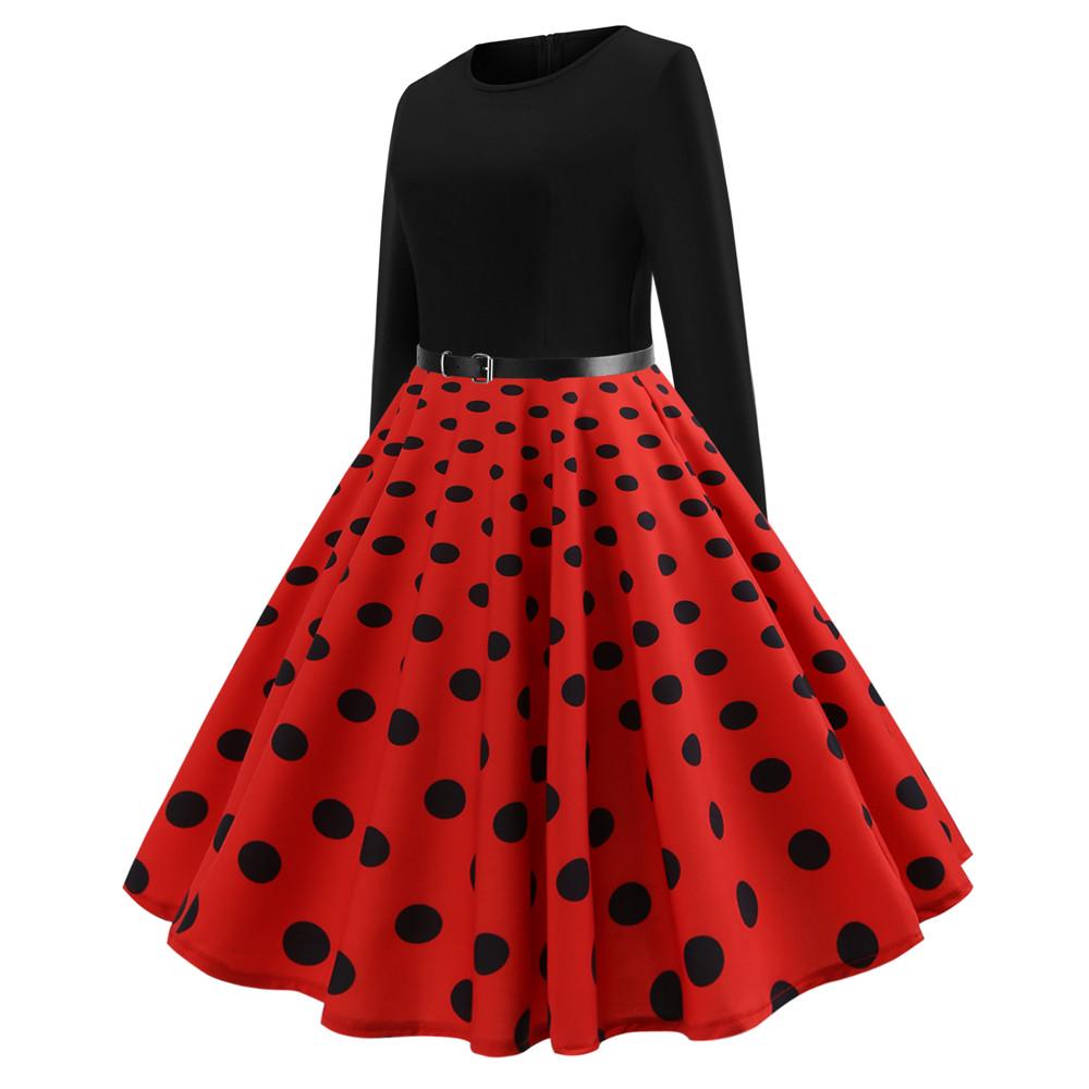 Women Vintage Long Sleeve O Neck Evening Dot Printing Party Prom Swing Dress