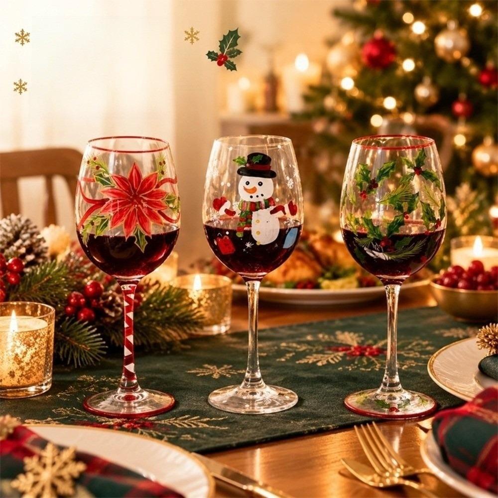 Poinsettia Christmas Wine Glass 2D Hand Painted Red Wine Cup Clear Stemmed Cup Christmas