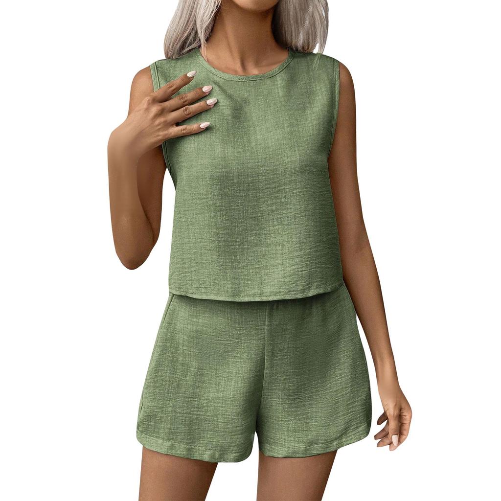 Women's Fashion Solid Color Sleeveless Vest Shorts Casual Two Piece Set