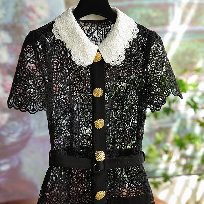 Летние женские кружевные платья с вырезами, воротником Питер Пэн на пуговицах, платья для вечеринок с коротким рукавом, женские халаты с поясами