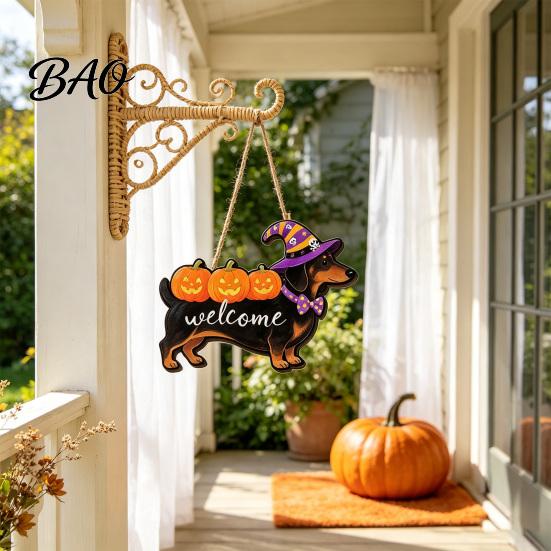 Wooden Hanging Decor Halloween Ghost Welcome Door Hanger, Cute Sign with Witch Hat & Pumpkin Rustic Wood Elements, Fall Indoor Outdoor Wall