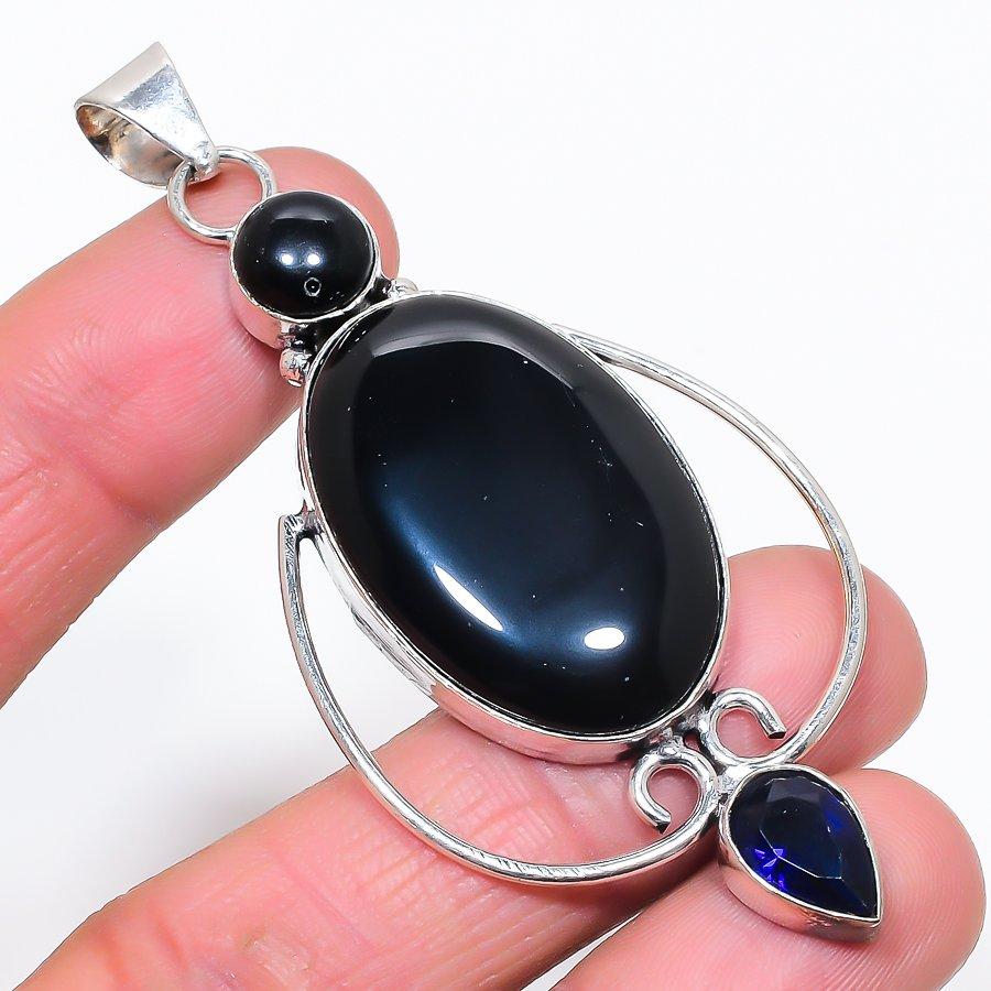 Natural Black Onyx, Blue Topaz 925 Sterling Silver Jewelry Pendant 3.19" T5P53