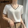 Summer Silk Satin Short-sleeved T-shirt, Women's Mesh Solid Color Vest, Elegant V-neck Commuter Top