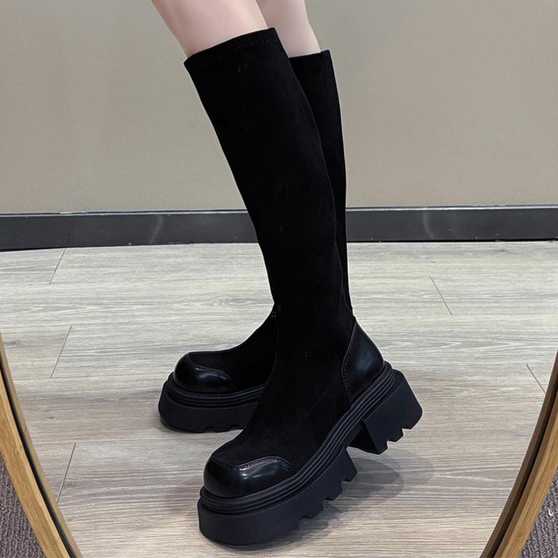 Модные высокие сапоги на платформе женские замшевые туфли на плоской подошве женские 2024 трендовые зимние дизайнерские туфли на среднем каблуке новые мотоциклетные сапоги трендовая женская обувь