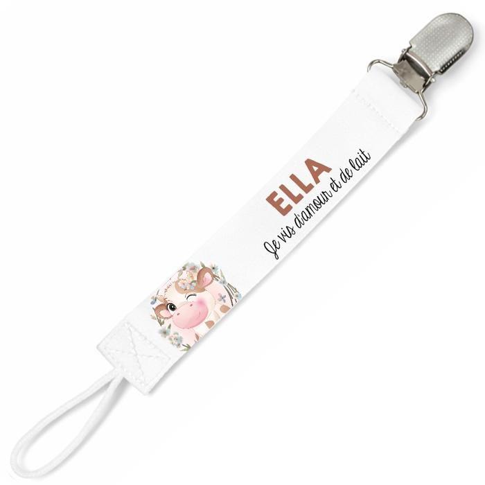 Planetee Attache tétine pour prénom ELLA je vis d'amour et de lait Vache | Attache sucette cadeau naissance