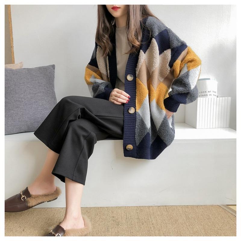 Autumn New Long Sleeve Argyle Knitted Sweater Jacket Women Winter Elegant Fashion Loose Woman Cardigans Sweaters Vintage Plus Size Knitwear Coat 24929