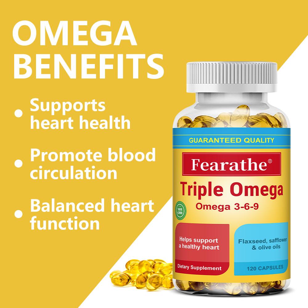 Triple Omega 3, 6, and 9 supplement for heart health and balanced blood circulation. 120 capsules.