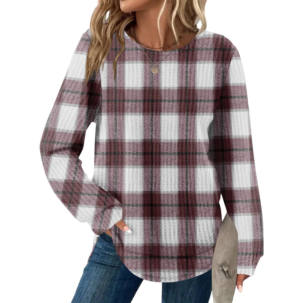 Женский повседневный топ свободного кроя с круглым вырезом и длинными рукавами в клетку