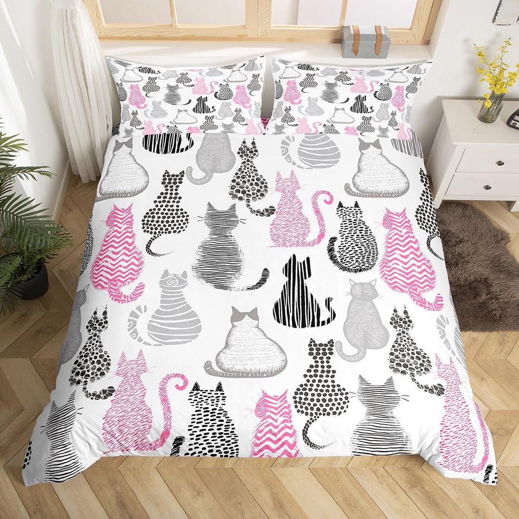 Cartoon Cat Pattern Duvet Cover Queen King Size Soft Bedding Set For Girls Toddlers Teens 3 Piece Set With 2 Pillowcases