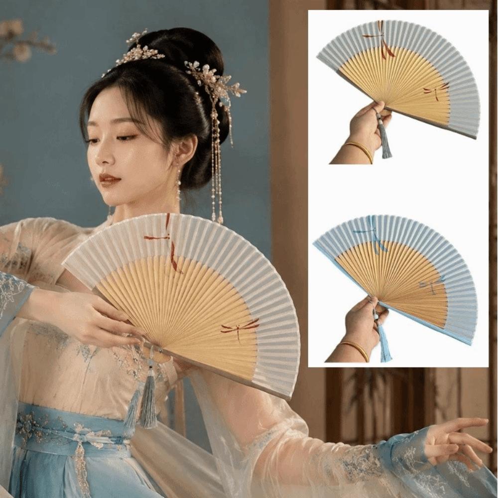 Chinese Style Folding Hand Fan Bamboo Frame Women's Dance Fan Retro Handheld  Fan  Home Use