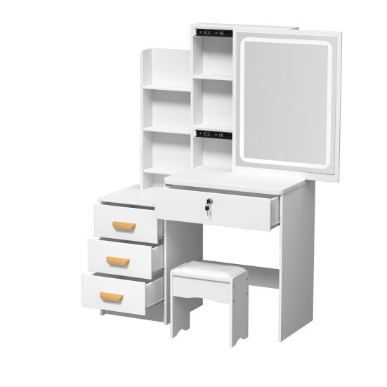 Vanity Desk with LED Lighted Mirror Makeup Mirror, Table 4 Drawers and Opening Shelves, Bedroom Dressing Stool