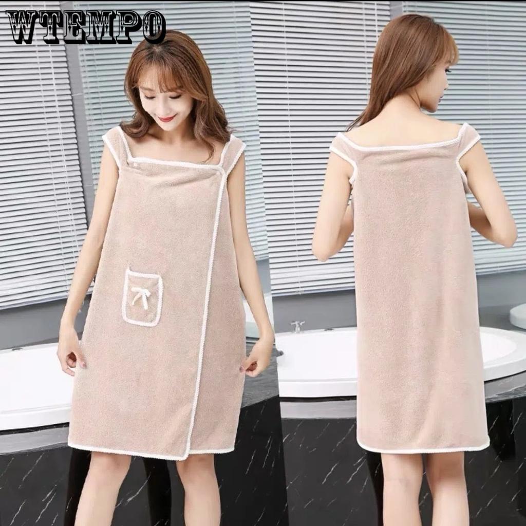 WTEMPO Многофункциональное женское дорожное повседневное банное полотенце, мягкий впитывающий халат, банный халат с карманом и бантом, пляжные полотенца