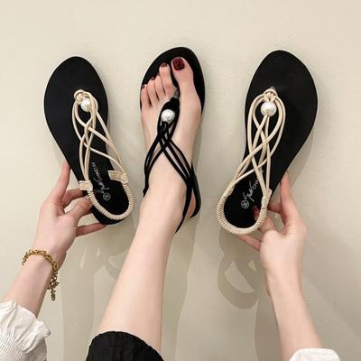 Изысканные большие искусственные жемчужины шлепанцы женские летние новые сандалии женские пляжные сандалии женские плоские повседневные тапочки женская обувь