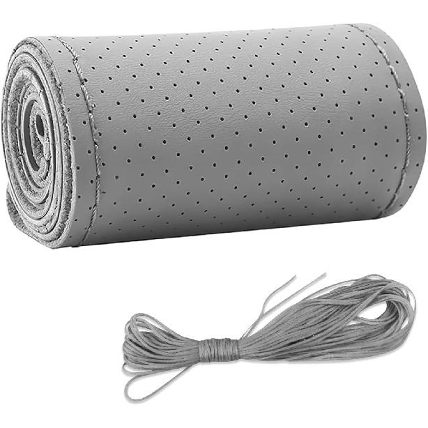 Leather Steering Wheel Cover, DIY Sewing With Needle & Thread, Breathable Anti-Slip Car Steering Wheel Protector, Universal 15 Inch Auto Steering