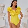 2024 New Vintage 3D Flower Decor Yellow One Piece Swimsuit  Swimwear Women Beachwear Luxury Bathing Suit