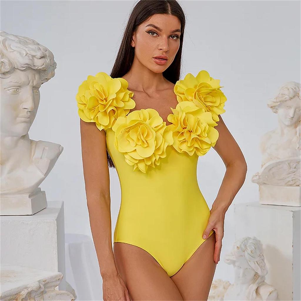 2024 New Vintage 3D Flower Decor Yellow One Piece Swimsuit Swimwear Women Beachwear Luxury Bathing Suit