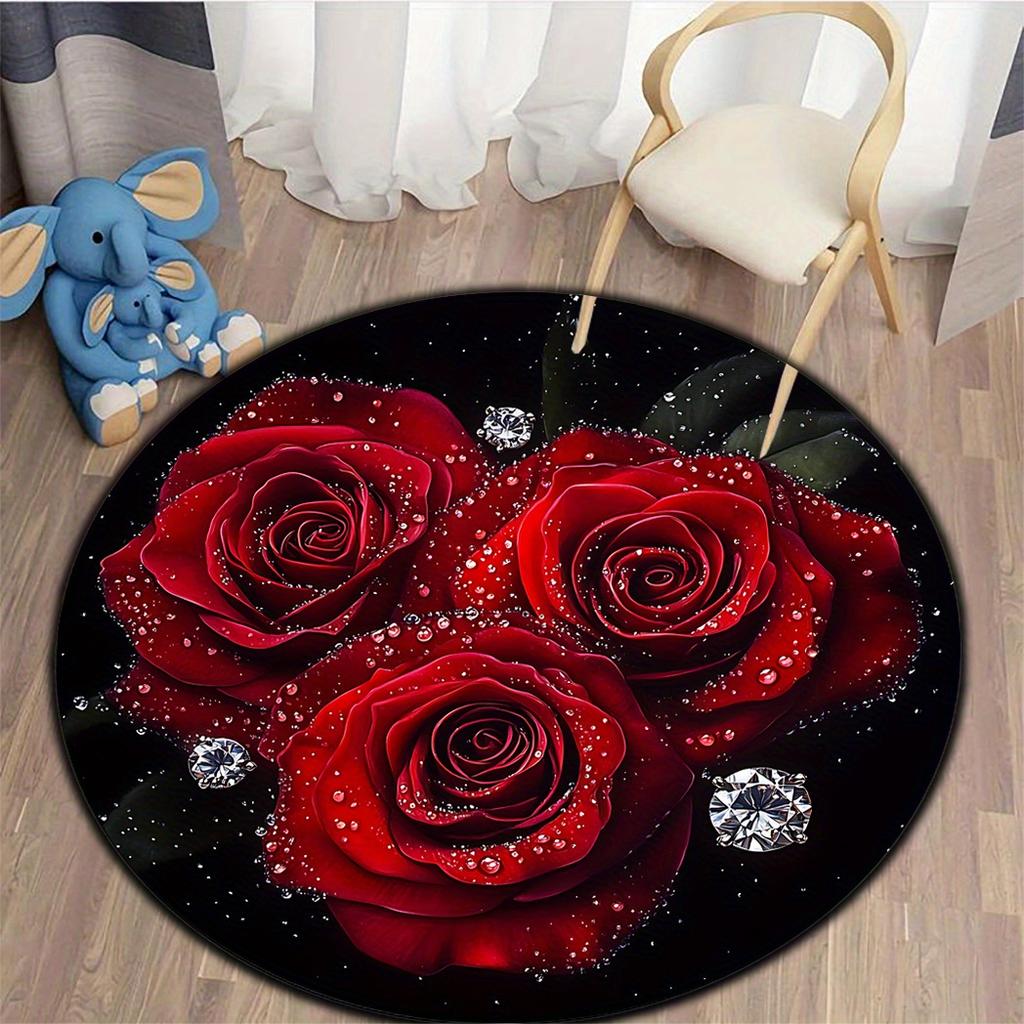 1 шт. круглый ковер с рисунком красной розы для дома, нескользящий моющийся ковер из волокна, мягкий удобный коврик для спальни, гостиной
