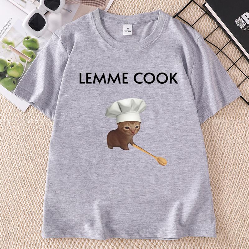 Смешная футболка с мемом про кота LEMME COOK Милый кот-шеф-повар Футболка для унисекса Смешные графические футболки Повседневные футболки с круглым вырезом
