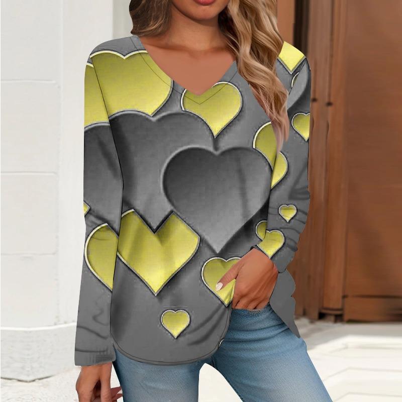 Весна Осень V-образный вырез с цифровым принтом повседневная свободная женская футболка с длинными рукавами пуловеры и длинные рукава (Женский)