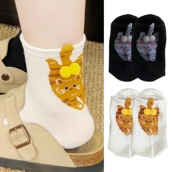Cute Cat Socks with Balls for Women Novelty Animal Crew Socks Funny 3D Fuzzy Balls Cotton Sock for Cat Lovers