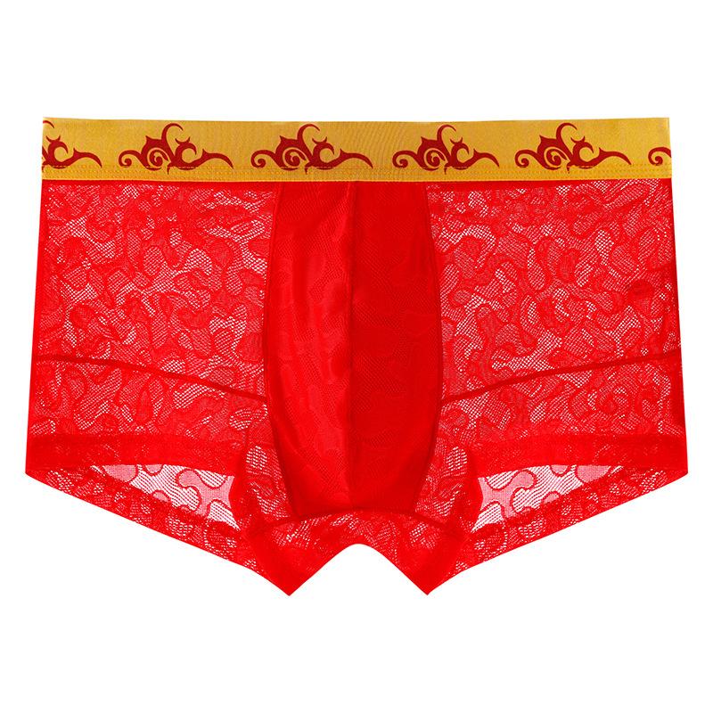 Красные лунные новогодние дышащие мужские трусы-боксеры из ледяного шелка, сексуальные мужские трусы-боксеры со средней талией и кружевным принтом, четырехугольные с короткими головами