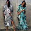 Ramadan Plus Size Boho Kaftan Dress, Women's Plus Golden Embroidered Bat Sleeve Notched Neck Maxi Cover Up Dress