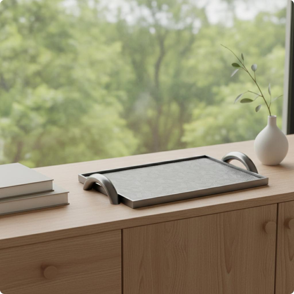 Leather Tray with Handles Low-Profile Rectangular Tray with Metal Handles Modern Luxury for Interior Designers, Coffee Table