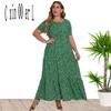 Лето плюс размер 5xl женское зеленое макси-платье с принтом трапециевидной формы, платья с короткими рукавами, тонкая одежда
