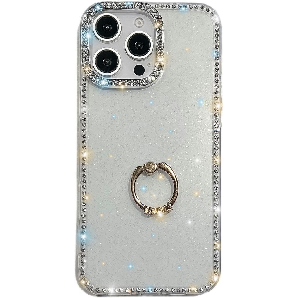 For iPhone 15 Pro Case with Ring Kickstand Rhinestone Edge TPU+PC IMD Phone Cover