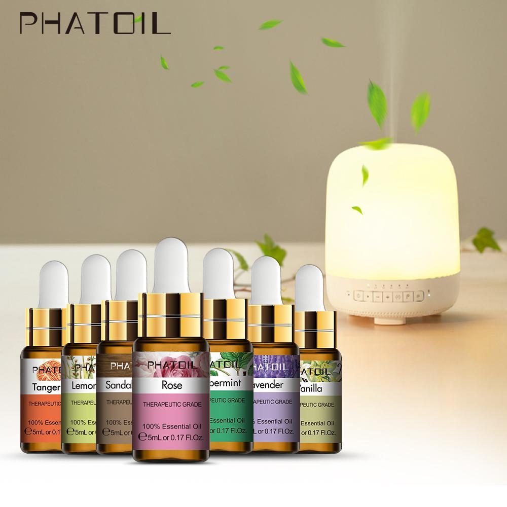 PHATOIL 5ML Rose Jasmine Lavender Plant Essential Oil with Dropper Purify the Air Bactericide Spa Body Care Vanilla Eucalyptus Tea Tree Oil