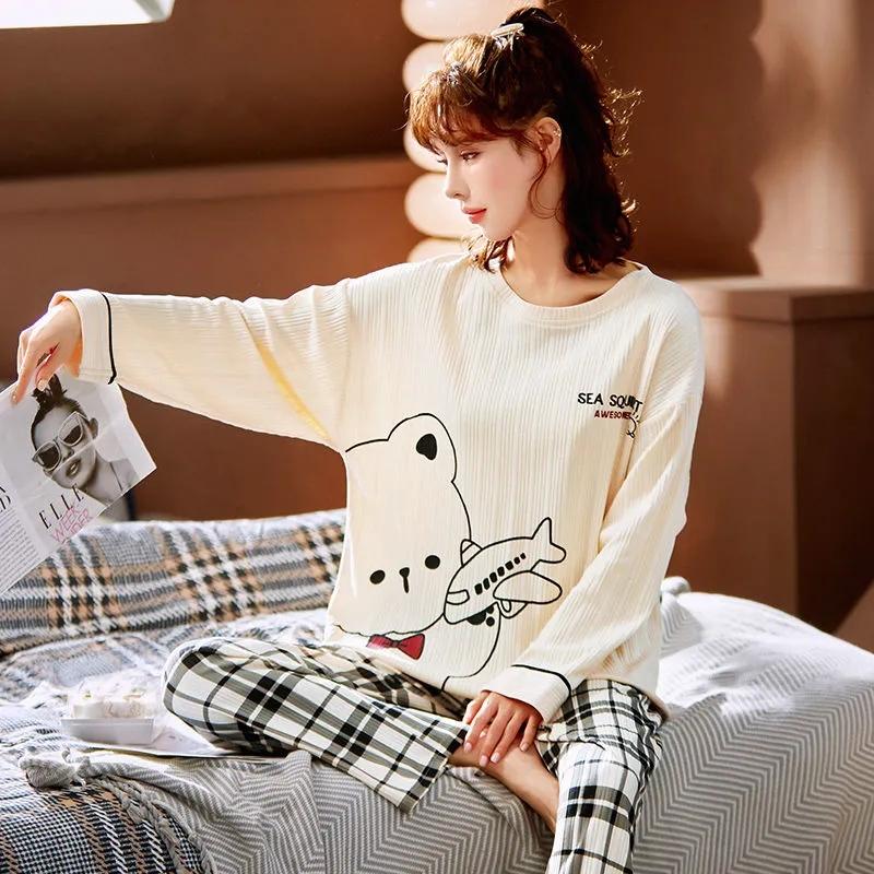 Женские пижамные комплекты с длинными рукавами, хлопковая одежда для сна, весенне-осенний пуловер, ночная рубашка больших размеров, зимняя повседневная простая домашняя одежда, милый пижамный костюм с героями мультфильмов
