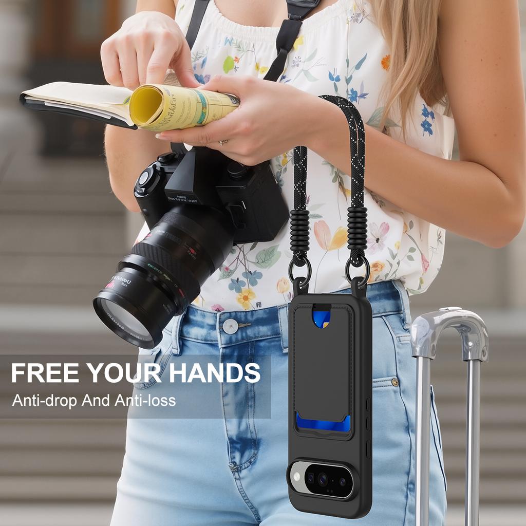 For Google Pixel 10 Liquid Silicone Case Phone Back Cover with Card Holder and Short Strap