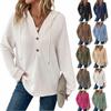 Women's V-Neck Waffle Knit Drawstring Button Long Sleeve Hoodie
