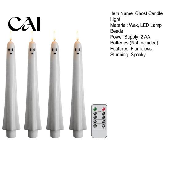 White Wax Ghost Shaped Candles Halloween Flameless Taper Candles, Battery Operated Flickering Candle Light with Safe for Kids Remote, Real 3D Wick LED