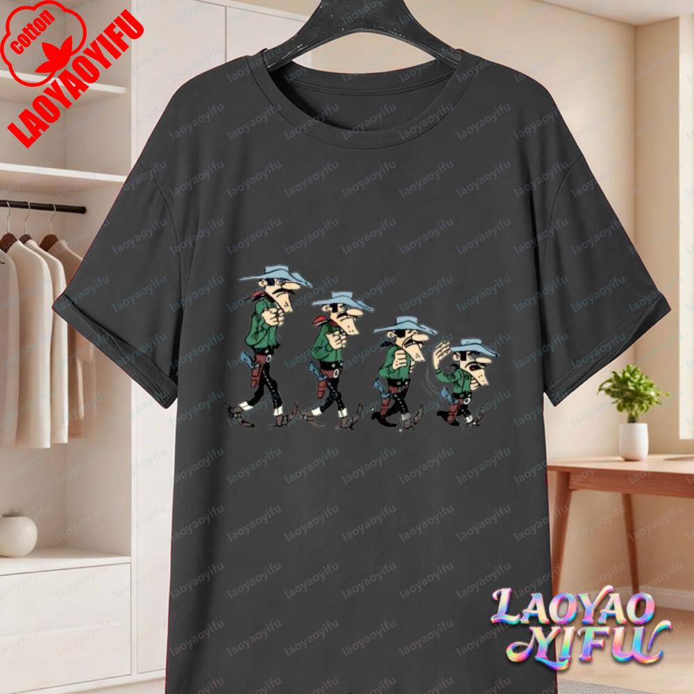 Classic Lucky Luke Cast Print Casual Tops Retro Western Animation Cotton TShirt Summer Casual Wear for Unisex Women Trendy Tee