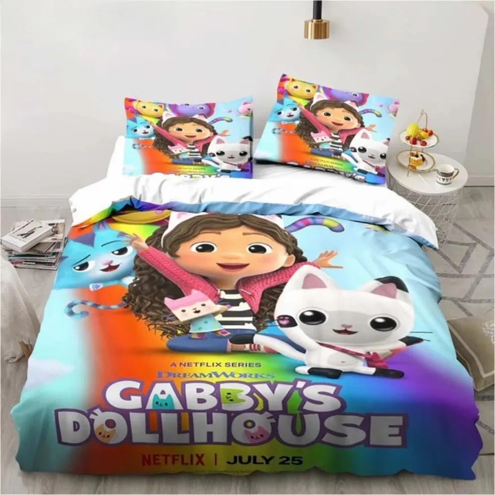 3D Gabbys Dollhouse Bedding Sets Cartoon Comforter Duvet Cover Set 3Pcs Bedroom Decor for Kids Single/Twin/Full/Queen/King Size