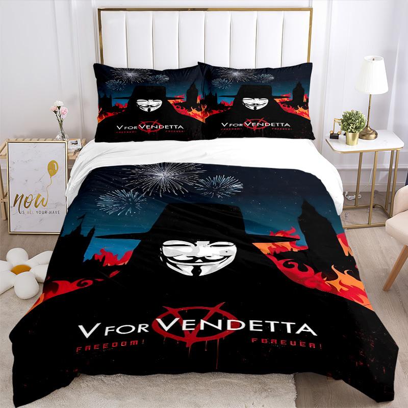 3pcs V for Vendetta Bedding Set, Soft Polyester Duvet Cover and Pillowcases Machine Washable Seasons all suitable & Guest Room Decor220
