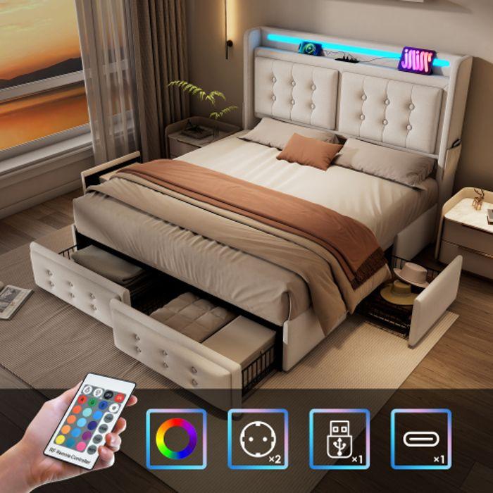 Lit double 160x200 - MUVOE - Beige - Tête de lit LED - Recharge USB - 4 tiroirs