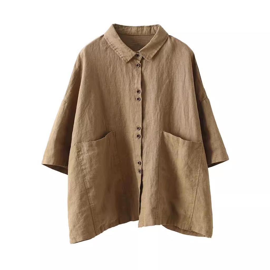 Ретро хлопково-льняная рубашка с коротким рукавом женская летняя новая рубашка большого размера свободная повседневная универсальная с воротником поло