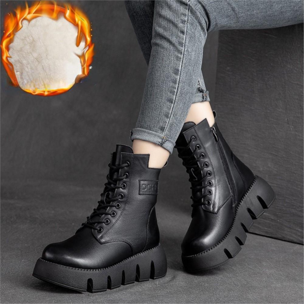 Johnature Женские ботинки из натуральной кожи, зимние ботинки на молнии с круглым носком, женские шитье, ботильоны ручной работы на платформе в стиле ретро